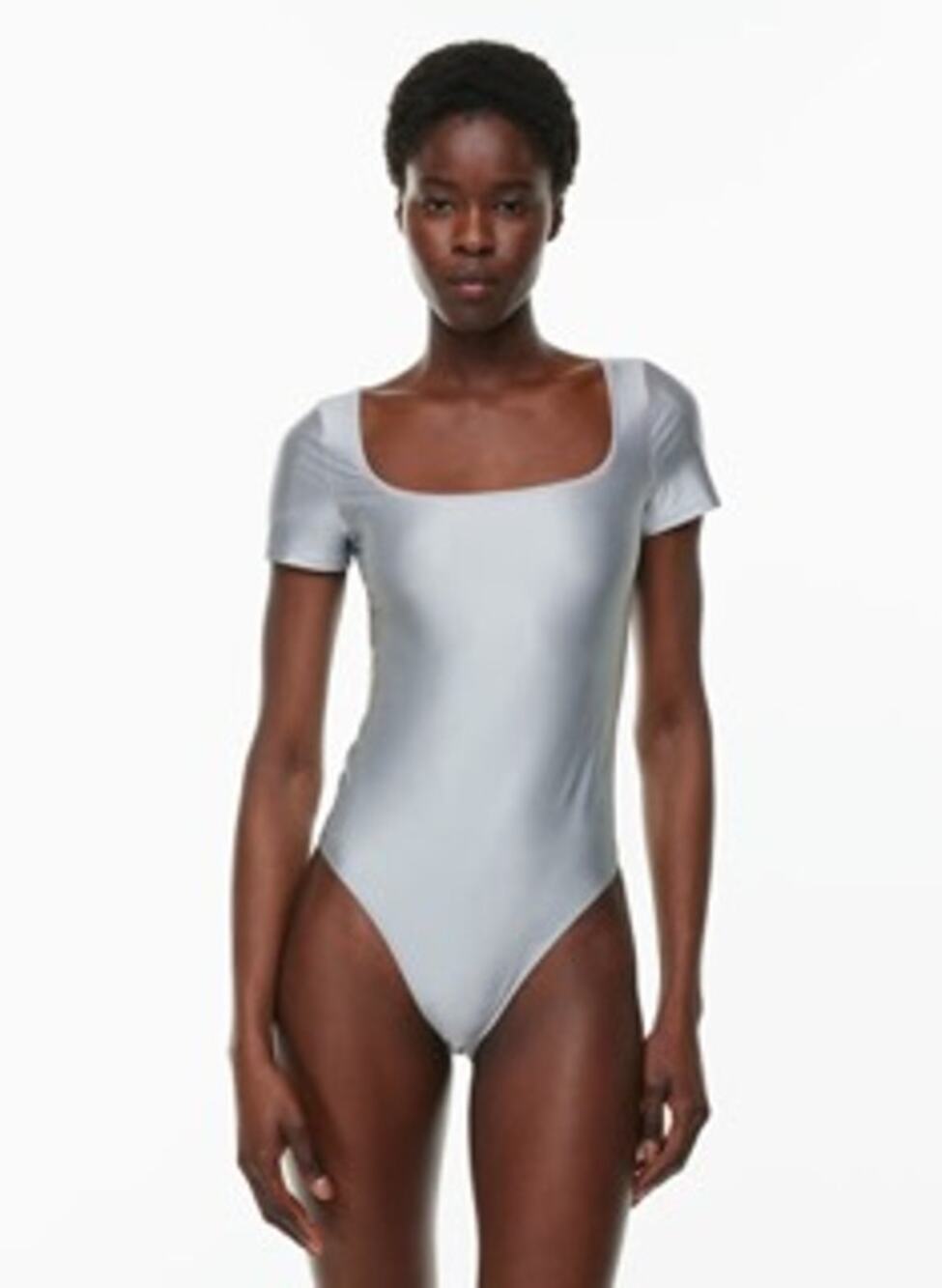 Aritzia New TEN Satinette Gatsby Bodysuit Gray Scoopneck Short Sleeve XL Silky